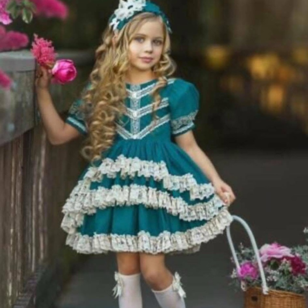 Teal and Cream Ruffled Dress for Girls
